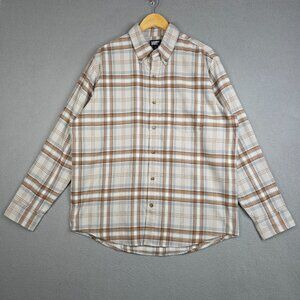 Lands End Shirt Men Size L Beige/Brown Plaid Flannel OEKO-TEX Standard 100 Soft
